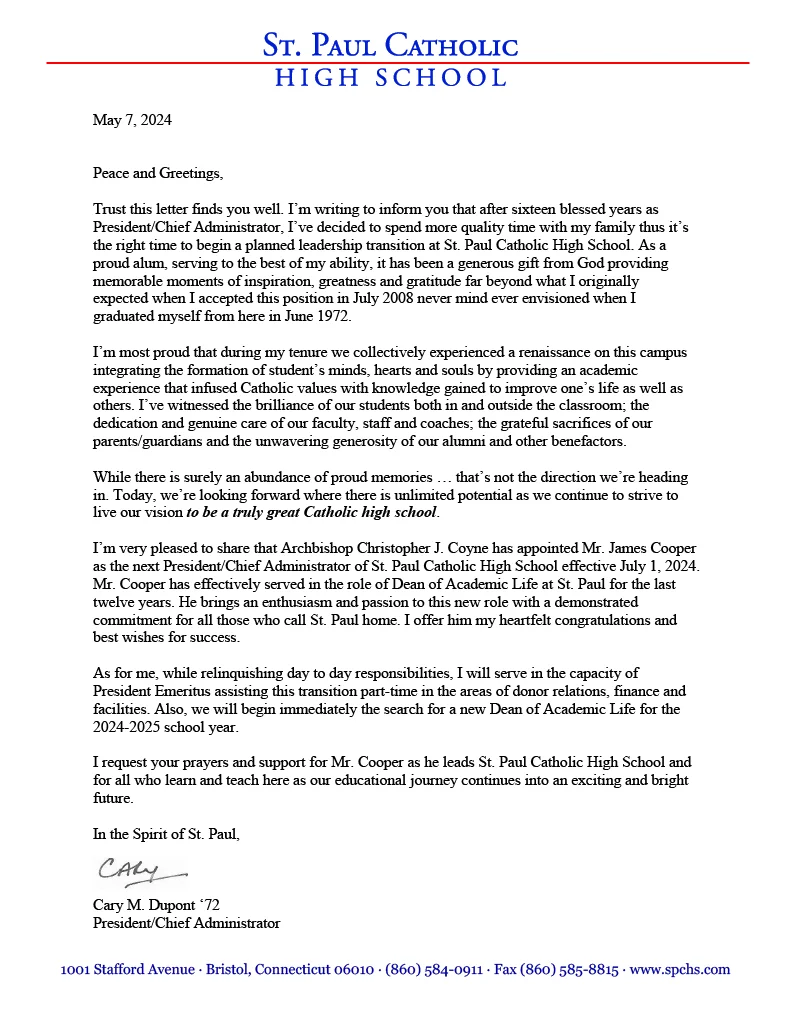 Cary M. Dupont transition letter